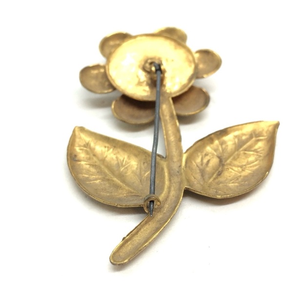 VINTAGE MCM FLOWER BROOCH PIN RED RHINESTONE ART NOUVEAU GOLD TONE MID -CENTURY - Picture 13 of 14